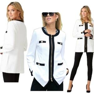 Joseph Ribkoff white black trim textured long sleeve jacket coat 12